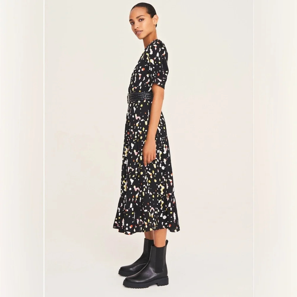 Ba&sh Tonya Gathered Printed Satin Jacquard Midi Dress in Black Spotted Size 2 - Picture 2 of 12